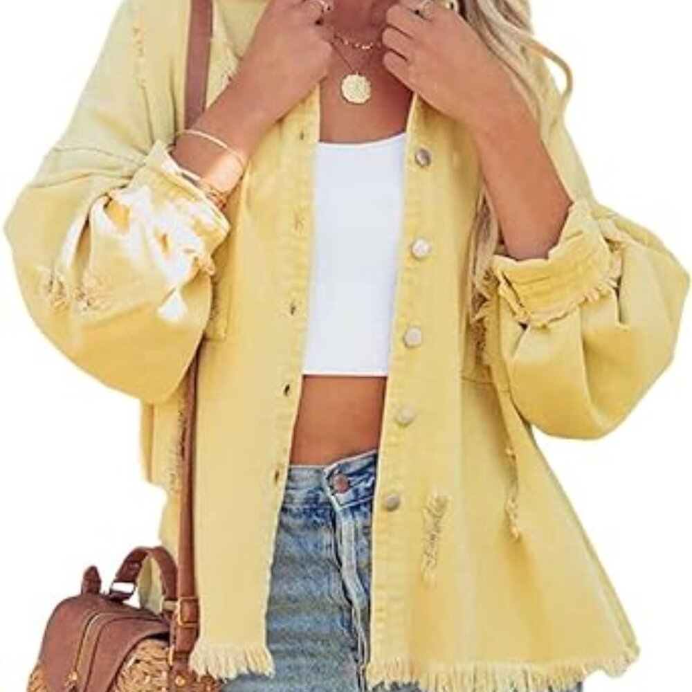 Women's Distressed Loose Lapel Casual Raw Hem Ripped Denim Jean Jacket